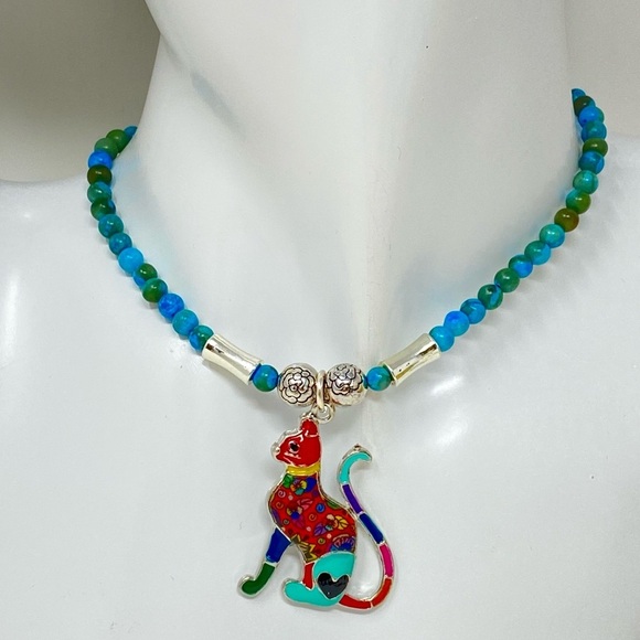 Regal colorful sculptured enameled cat necklace with agate 19 inches - Picture 2 of 6